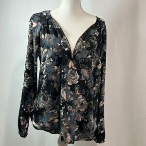 Xhilaration Womens M/M Black Floral Print Long‎ Sleeve Zipper V Neck Blouse Top